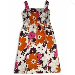 Noviello Bloom Orange Brown Floral Knee Length Cotton Bow Party Dress Y2K size 8